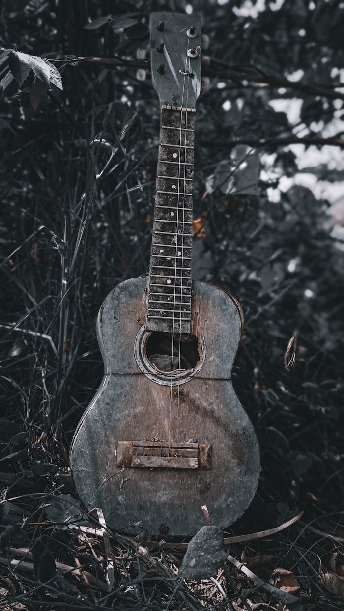 A broken vintage guitar rests amidst lush foliage, highlighting natural decay and musical nostalgia.
